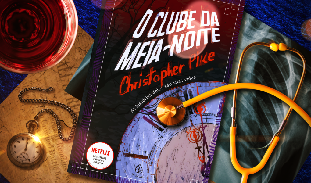 Livro sobre a mesa "O Clube da Meia-Noite" com elementos que remete ao drama para trazer ambientação