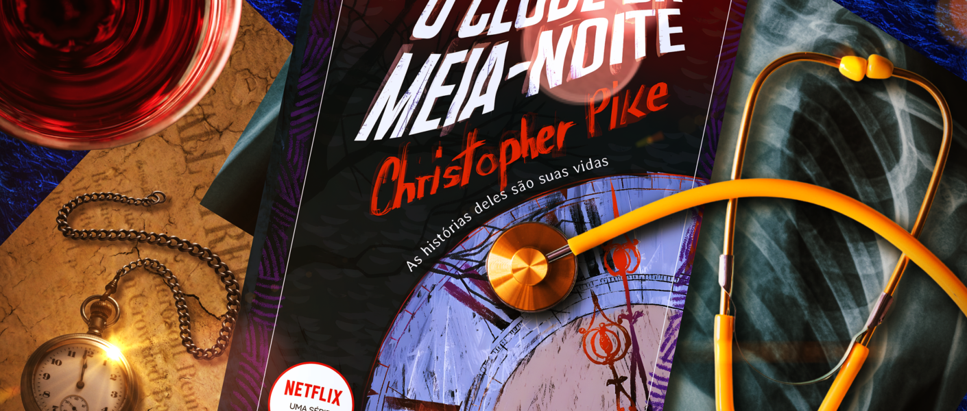 Livro sobre a mesa "O Clube da Meia-Noite" com elementos que remete ao drama para trazer ambientação