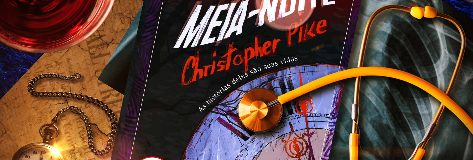 Livro sobre a mesa "O Clube da Meia-Noite" com elementos que remete ao drama para trazer ambientação