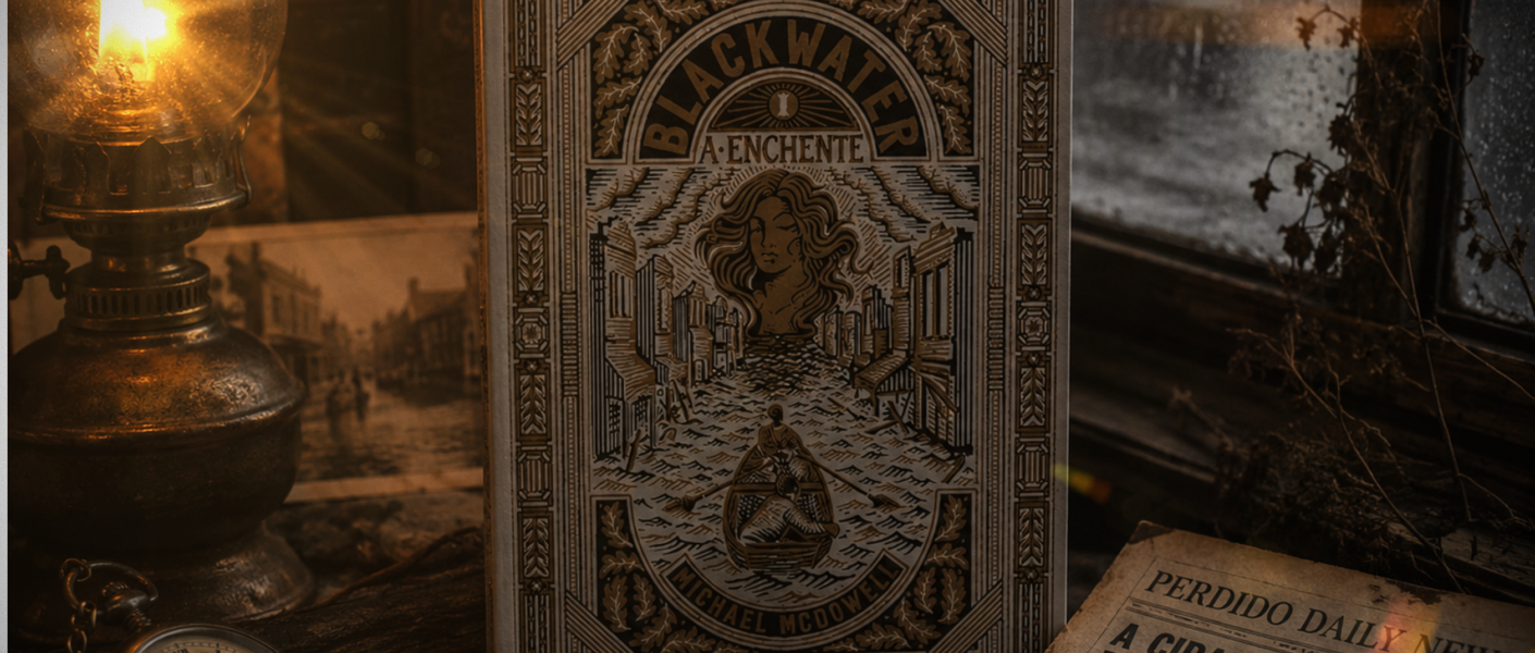 Capa do livro Blackwater: A Enchente, de Michael McDowell, em cenário sombrio com lamparina, relógio de bolso, jornal antigo e janela com chuva ao fundo.