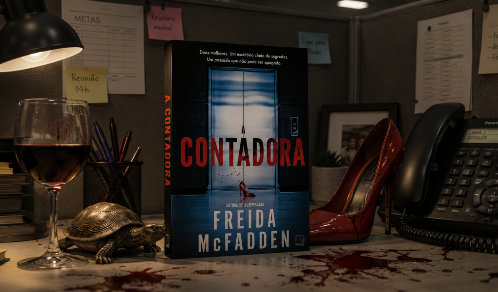 Foto da capa do livro A contadora, de Freida McFadden. Imagem com fundo de escritório.