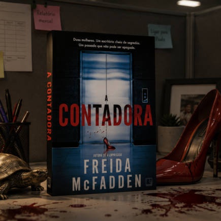 Foto da capa do livro A contadora, de Freida McFadden. Imagem com fundo de escritório.