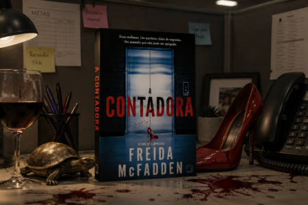 Foto da capa do livro A contadora, de Freida McFadden. Imagem com fundo de escritório.