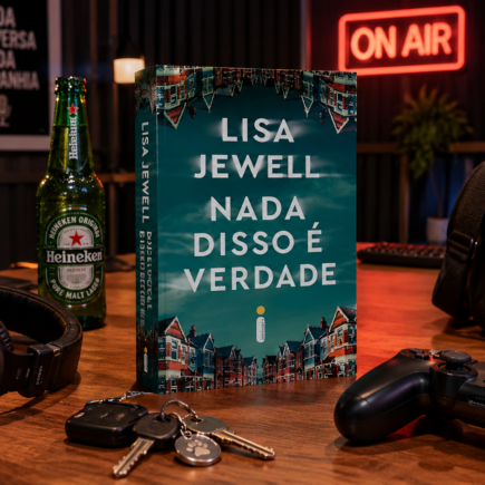 Capa do livro "Nada disso é verdade", de Lisa Jewell. No fundo um estúdio de poscast com elementos como microfone, cerveja e chave.