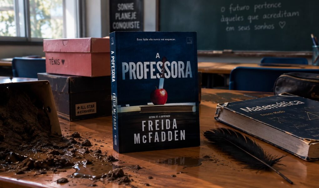Capa do livro "A professora", de Freida McFadden com um fundo de sala de aula. Elementos presentes: caixas de sapato, lama e livros