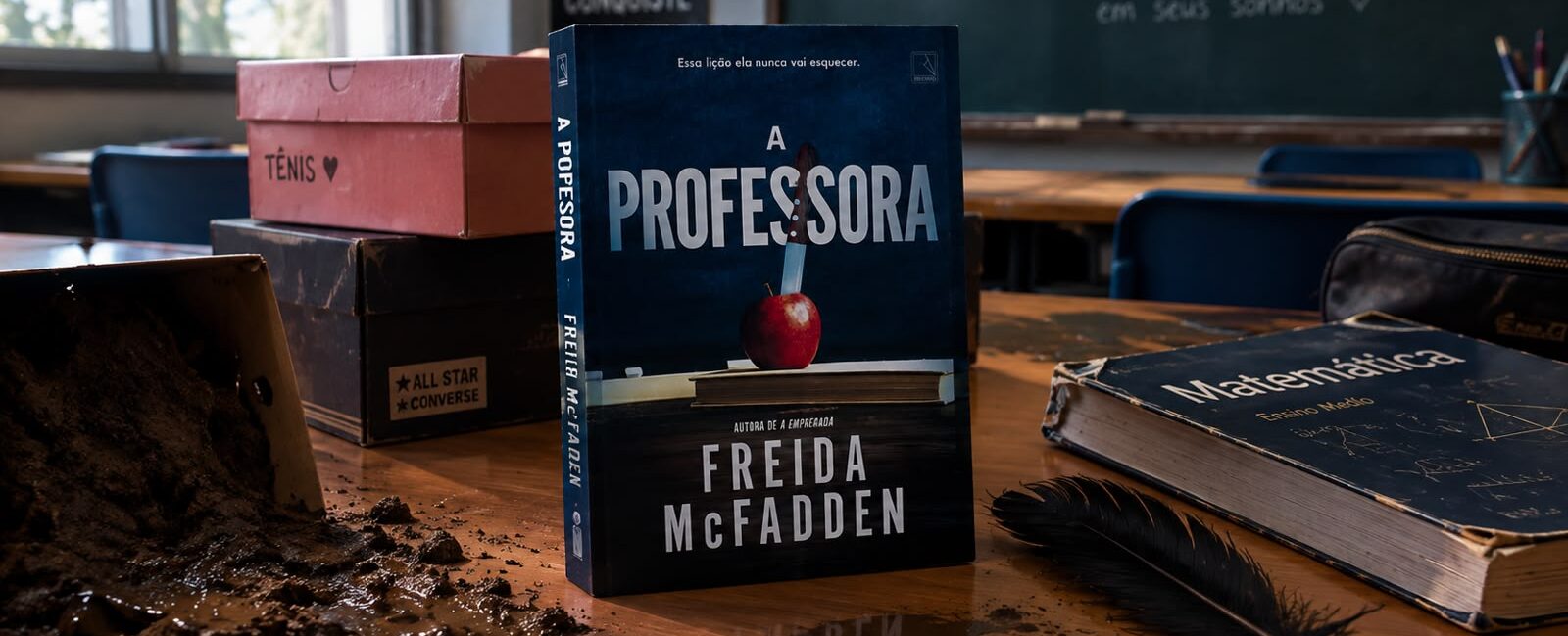 Capa do livro "A professora", de Freida McFadden com um fundo de sala de aula. Elementos presentes: caixas de sapato, lama e livros